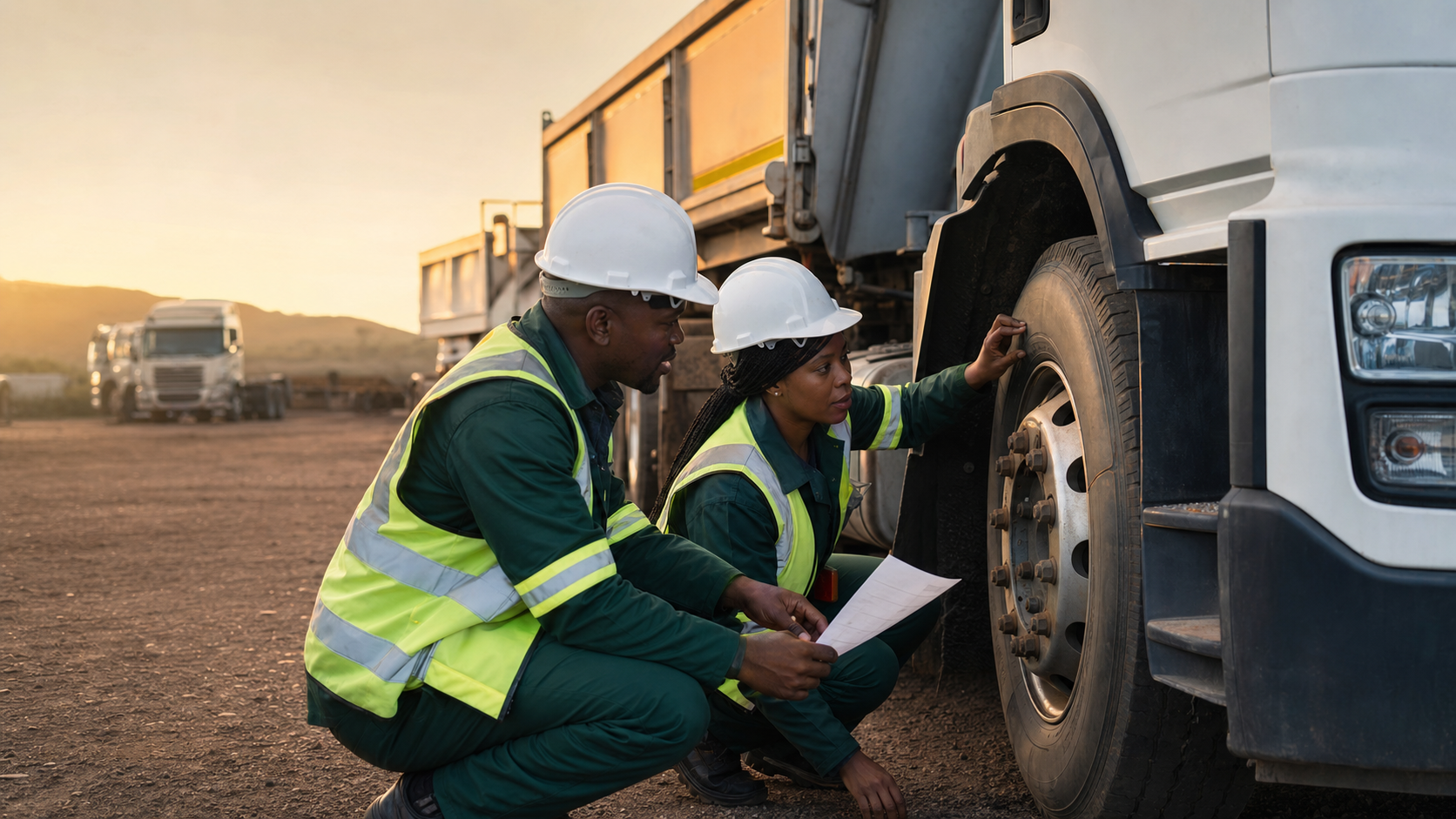 Owner-drivers completing a truck safety inspection