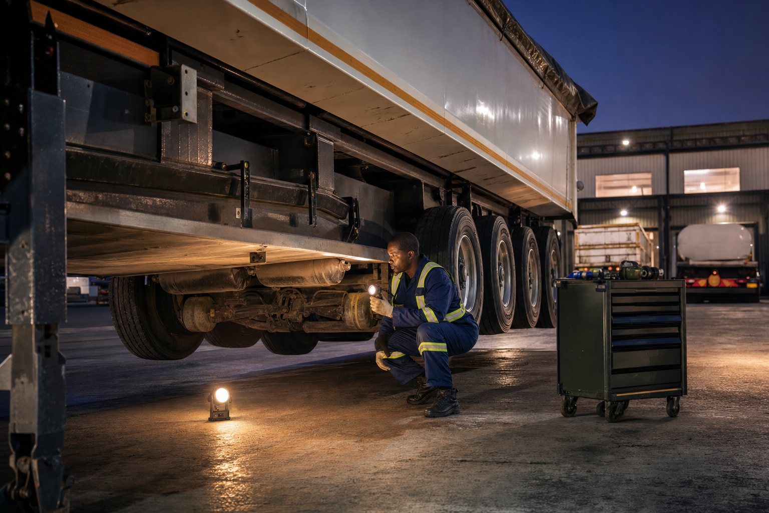 Mechanic completing an evening side tipper inspection