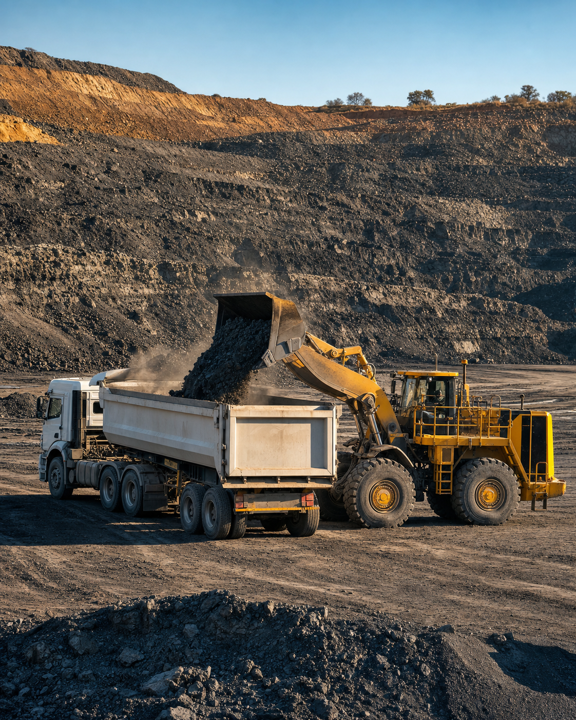 Side tipper truck being loaded with mineral ore at a mine